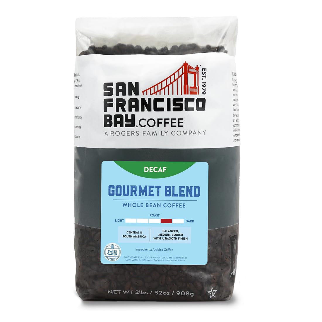 San Francisco Bay Coffee – Entkoffeinierter, mittel-dunkler Röstkaffee aus ganzen Bohnen – Gourmet-Mischung (907 g Beutel) – Schweizer Wasserverfahren