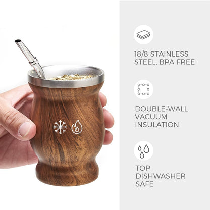 BALIBETOV Edelstahl-Doppelwand-Mate-Becher- und Bombilla-Set – Yerba-Mate-Set beinhaltet einen Yerba-Mate-Becher, 2 Bombillas Mate (Strohhalm) und eine Bürste – leicht zu reinigen (Holz) 