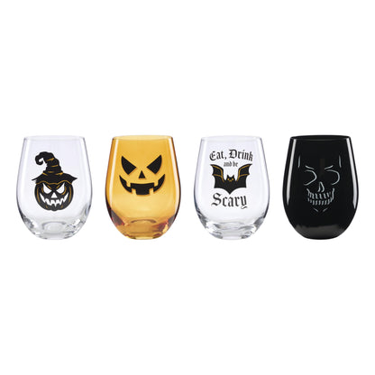 Oneida Barware, Vintro Halloween Stemless Wine Glasses, Set of 4, Dishwasher Safe, Made of Glass, Spooky Drinking Glasses Set, Halloween Decor Indoor, Skeletons and Bats as Design (4 Piece, 18 Oz)