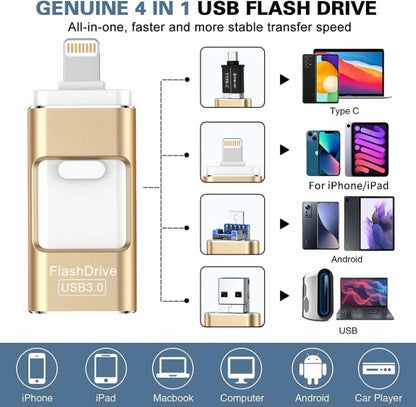 Phoxfer RecovStick 64GB for iPhone 4-in-1 | PhotoTek External USB Flash Drive for Mobile Phones, iPad, Mac's | Storage for Data, Pictures and Movies | Quick One Click Access, Gold