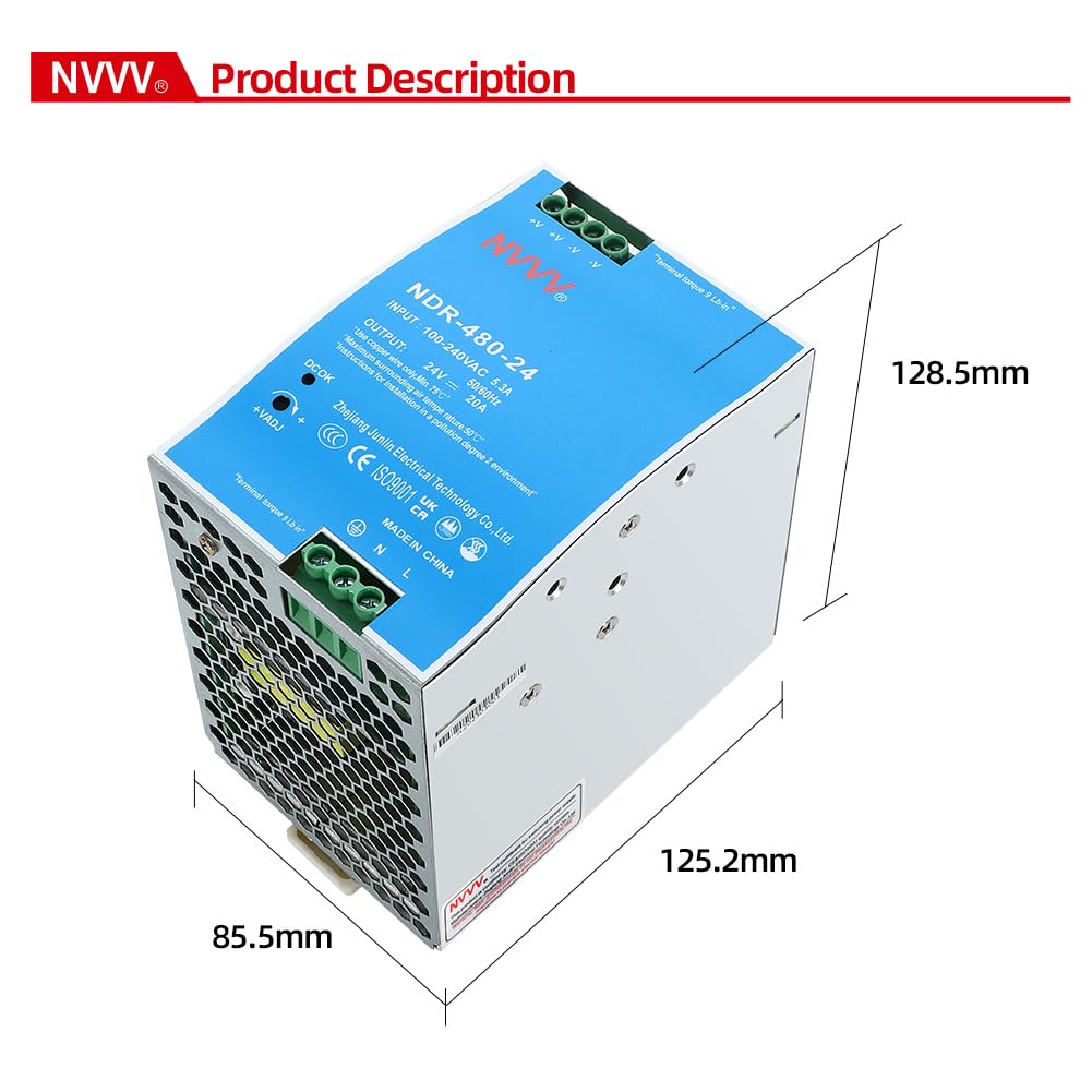 NDR-480-24 24VDC 20 Amp 480W Industrie-DIN-Schienennetzteil mit integrierter aktiver PFC-Funktion Silber+Blau