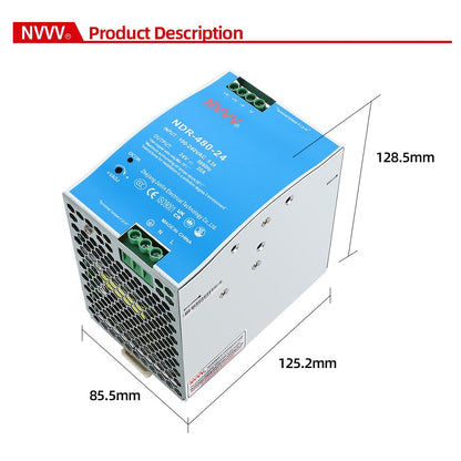 NDR-480-24 24VDC 20 Amp 480W Industrie-DIN-Schienennetzteil mit integrierter aktiver PFC-Funktion Silber+Blau