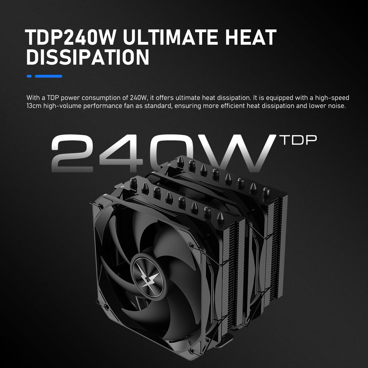 RUIX GT820 CPU Air Cooler, 8 Heat Pipes, Dual Tower, 130mm PWM Fan, 240W TDP, for AMD AM4 AM5/Intel LGA 1851/1700/1200/115X, Black - No Light