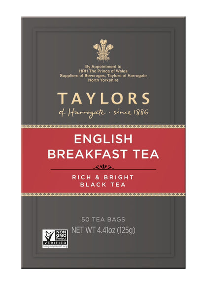 Taylors of Harrogate English Breakfast, Schwarzer Tee, Kissen-Teebeutel, 50 Stück (1 Packung), Kräftig, spritzig &amp; malzig, koffeinhaltig, heiß oder eisgekühlt genießen, 50 Teebeutel