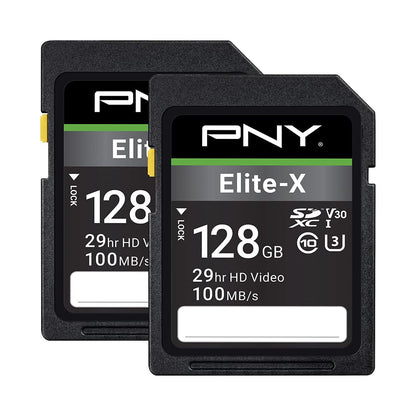 PNY 128GB Elite-X Class 10 U3 V30 SDXC Flash Memory Card - 100MB/s, Class 10, U3, V30, 4K UHD, Full HD, UHS-I, Full Size SD (Pack of 2)