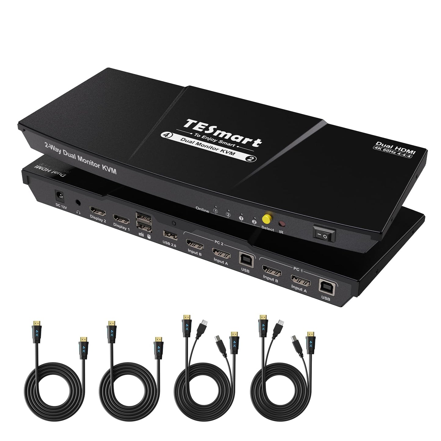 TESmart HDMI KVM-Switch für 2 Monitore und 2 Computer (4K@60Hz, USB 2.0), Dual-Monitor-KVM-Switch mit 2 HDMI-Anschlüssen, erweiterter Anzeige, EDID-Emulatoren, L/R-Audio, Hotkey-Schalter, Tastenschalter mit Eingangskabeln