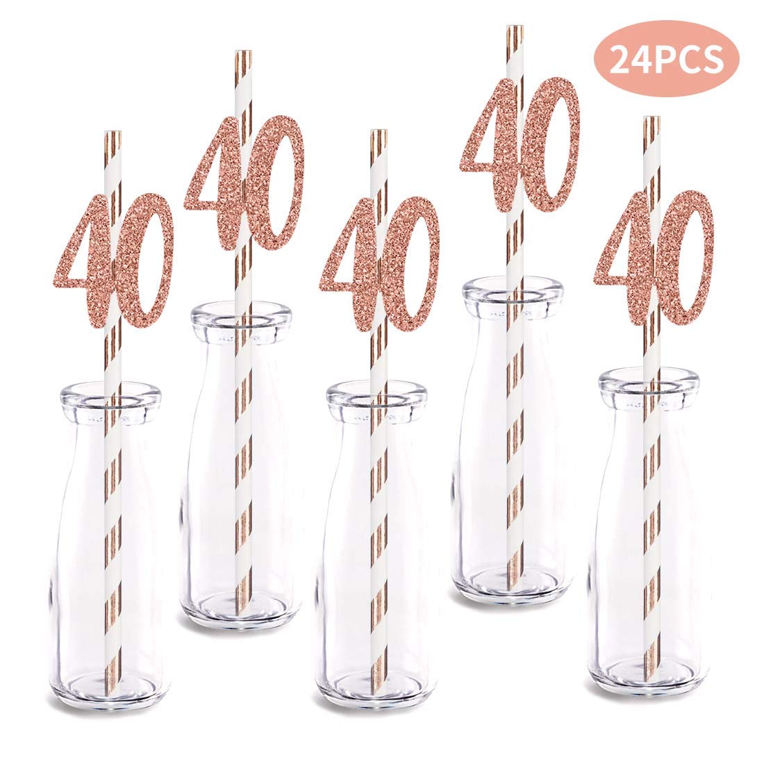 Rose Happy 40th Birthday Straw Decor, Rose Gold Glitter 24pcs Cut-Out Number 40 Party Drinking Decorative Straws, Supplies