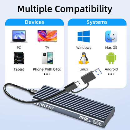 SEINIKAY M.2 NVME Enclosure, Tool-Free USB 3.2 Gen 2 (10 Gbps) to NVME Adapter with Heat Sink, 10Gbps Speed, Plug and Play, 16TB Expansion, with C-C to A Cable