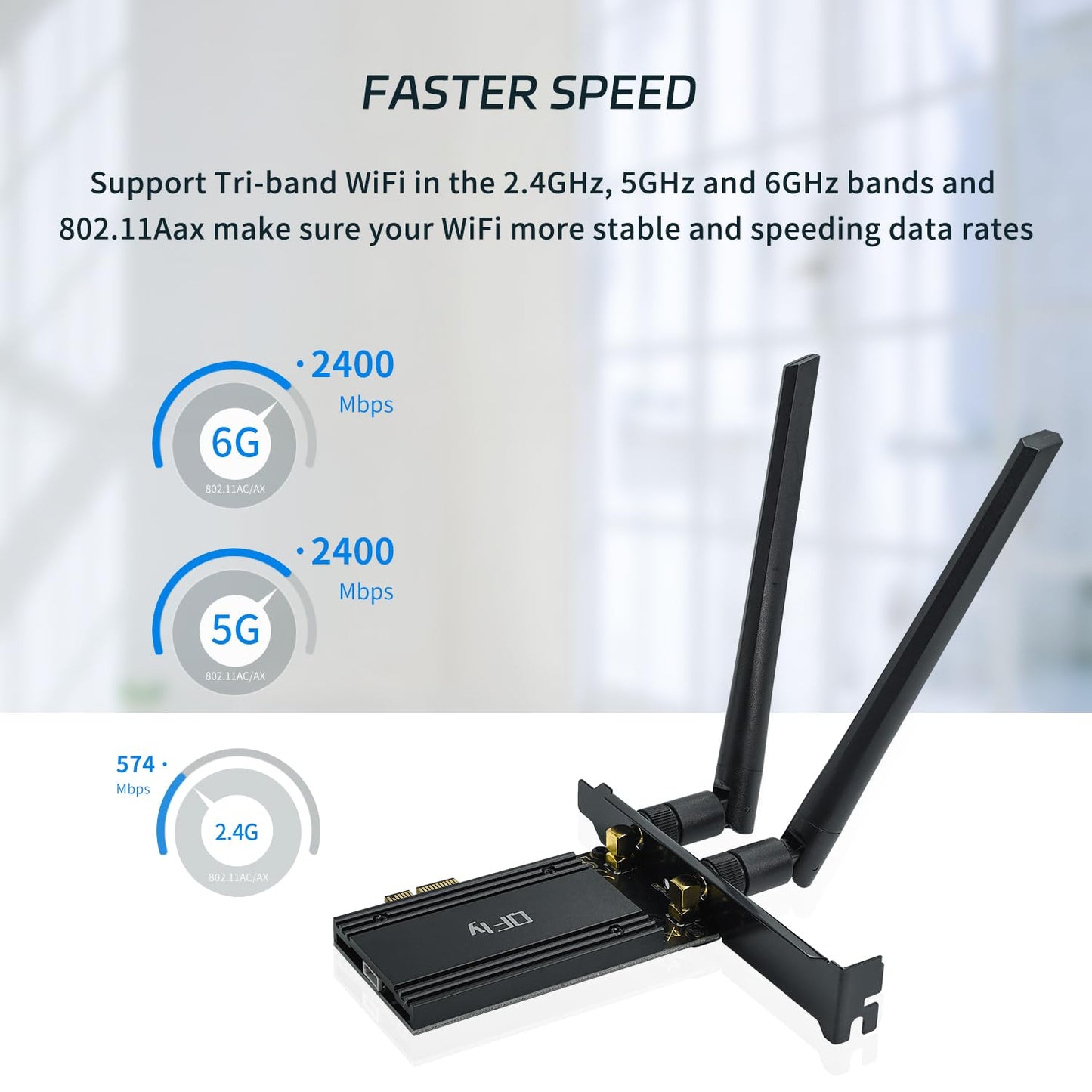 QFly PCIe WiFi 6E Karte, AX210 Netzwerkkartenadapter für PC-Gaming, Bluetooth 5.3, Tri-Band (802.11ax) 5400Mbps 6GHz Wireless LAN Karten mit MU-MIMO, OFDMA, Unterstützt Windows 10/11 (64-Bit)