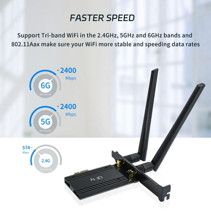 QFly PCIe WiFi 6E Karte, AX210 Netzwerkkartenadapter für PC-Gaming, Bluetooth 5.3, Tri-Band (802.11ax) 5400Mbps 6GHz Wireless LAN Karten mit MU-MIMO, OFDMA, Unterstützt Windows 10/11 (64-Bit)