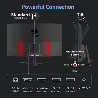 Z-Edge 32 inch Curved Gaming Monitor, FHD 1080P 240Hz Curved Monitor,1500R Computer Monitor, MPRT 1ms Monitor, UG32P 2X DP 1.4 Ports and 2X HDMI 2.0 Ports