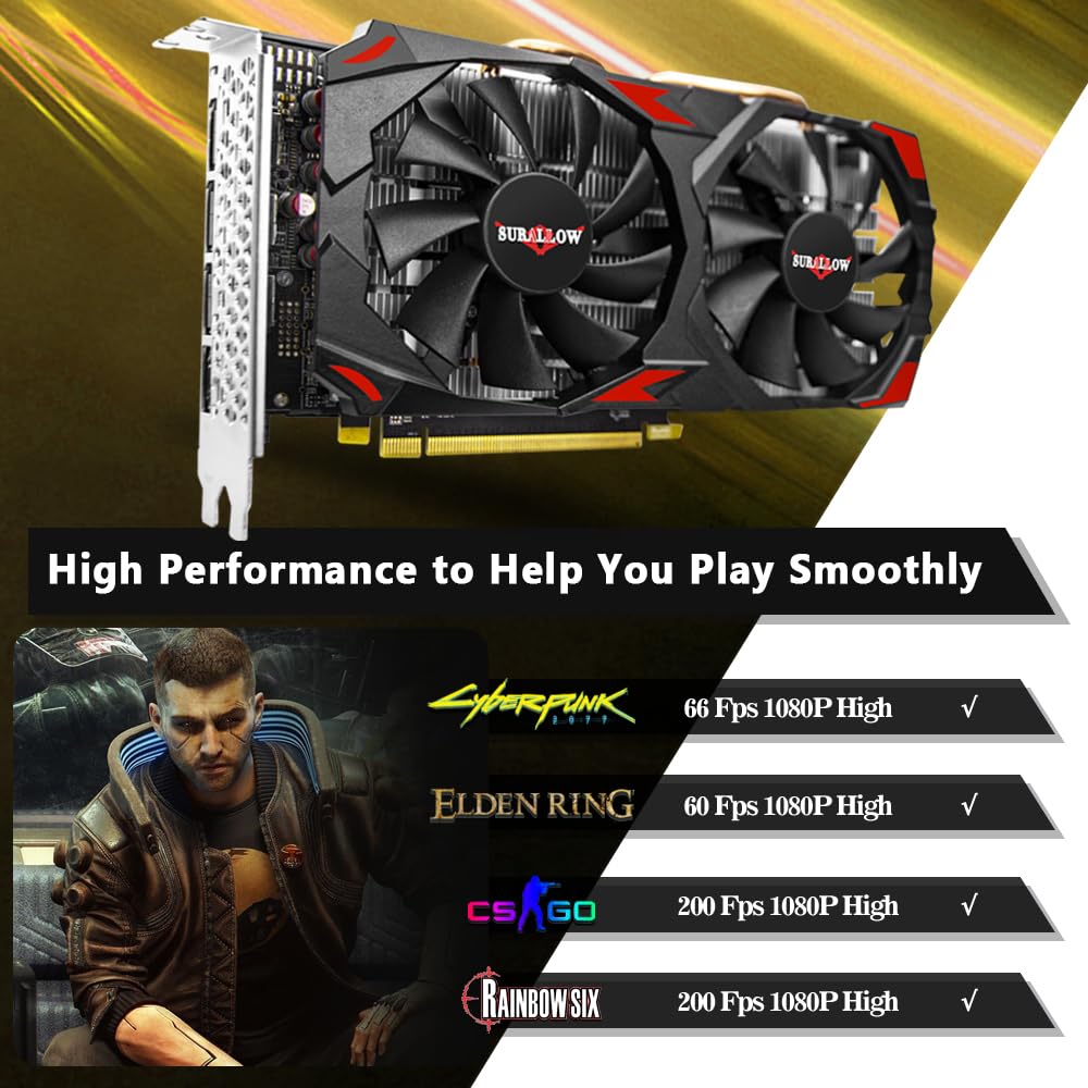 SURALLOW RX 580 8GB Graphics Card, 2048SP,GDDR5,256 Bit Graphics Card for Gaming PC,PCIE 3.0,Twin Freeze Fans Computer Video Card with HDMI/DP/Ports