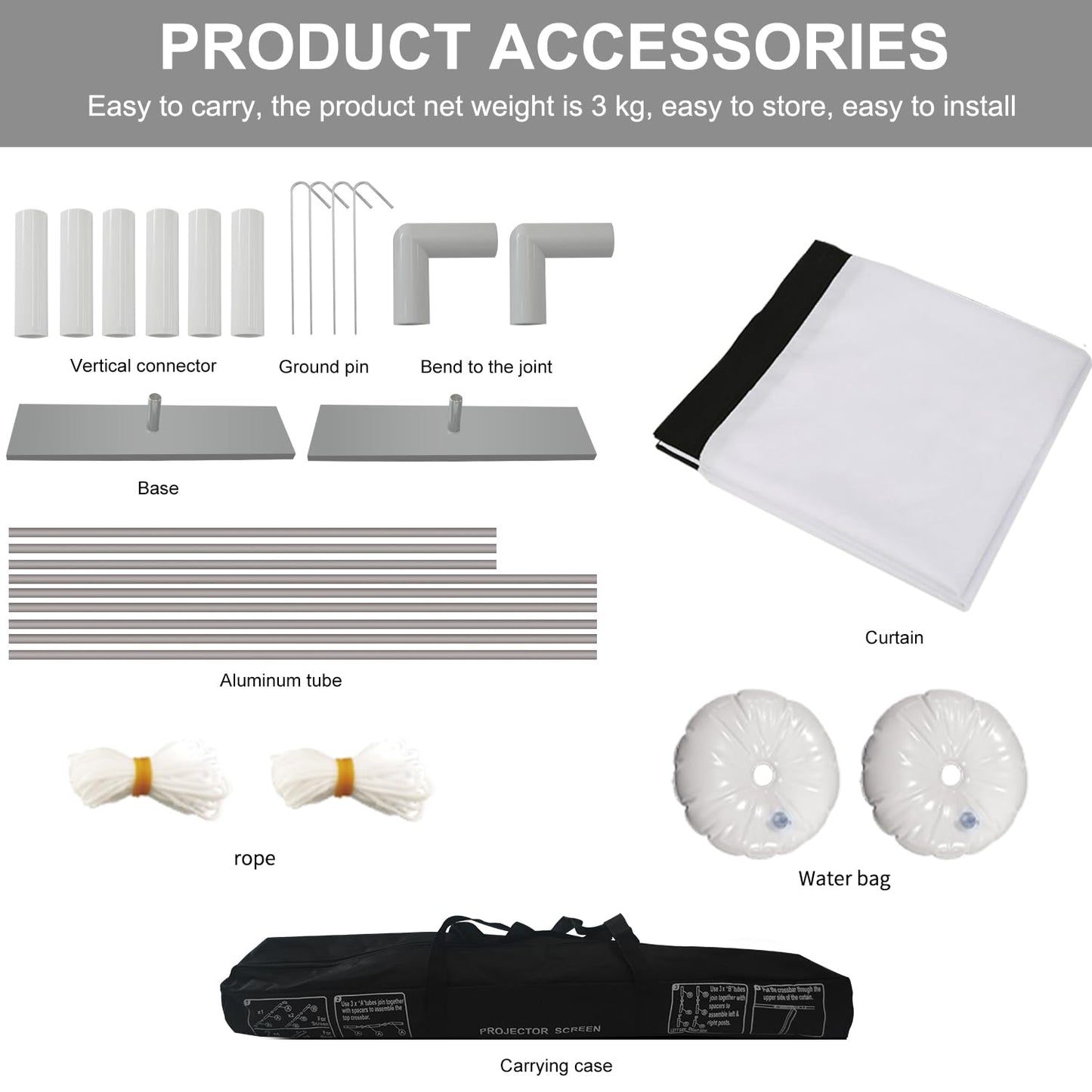 100 Zoll (254 cm) große, 16:9 HD 4K-Projektionsleinwand mit Ständer für Heimkino, 3D, schnell faltbar, tragbar, inklusive Ständer und Tragetasche, knitterfrei