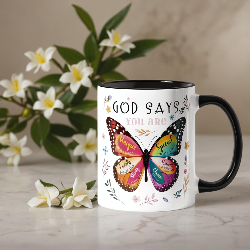 Spwasplo Christian Gifts for Women - Birthday Christian Mug 11oz with Butterfly - Inspirational Religious Catholic Gift for Sister, Friend, Daughter, Mom - Baptism Confirmation Gifts for Girls