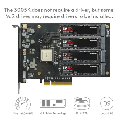 Quad PCIe4.0 NVMe M.2 SSD-Adapterkarte – PCI Express 4.0 x8-Karte unterstützt 4x M.2 NGFF PCIe NVMe SSDs für Mac &amp; PC (IX8024-Switch) – Unterstützt Mainboards ohne Bifurkation (3005K)