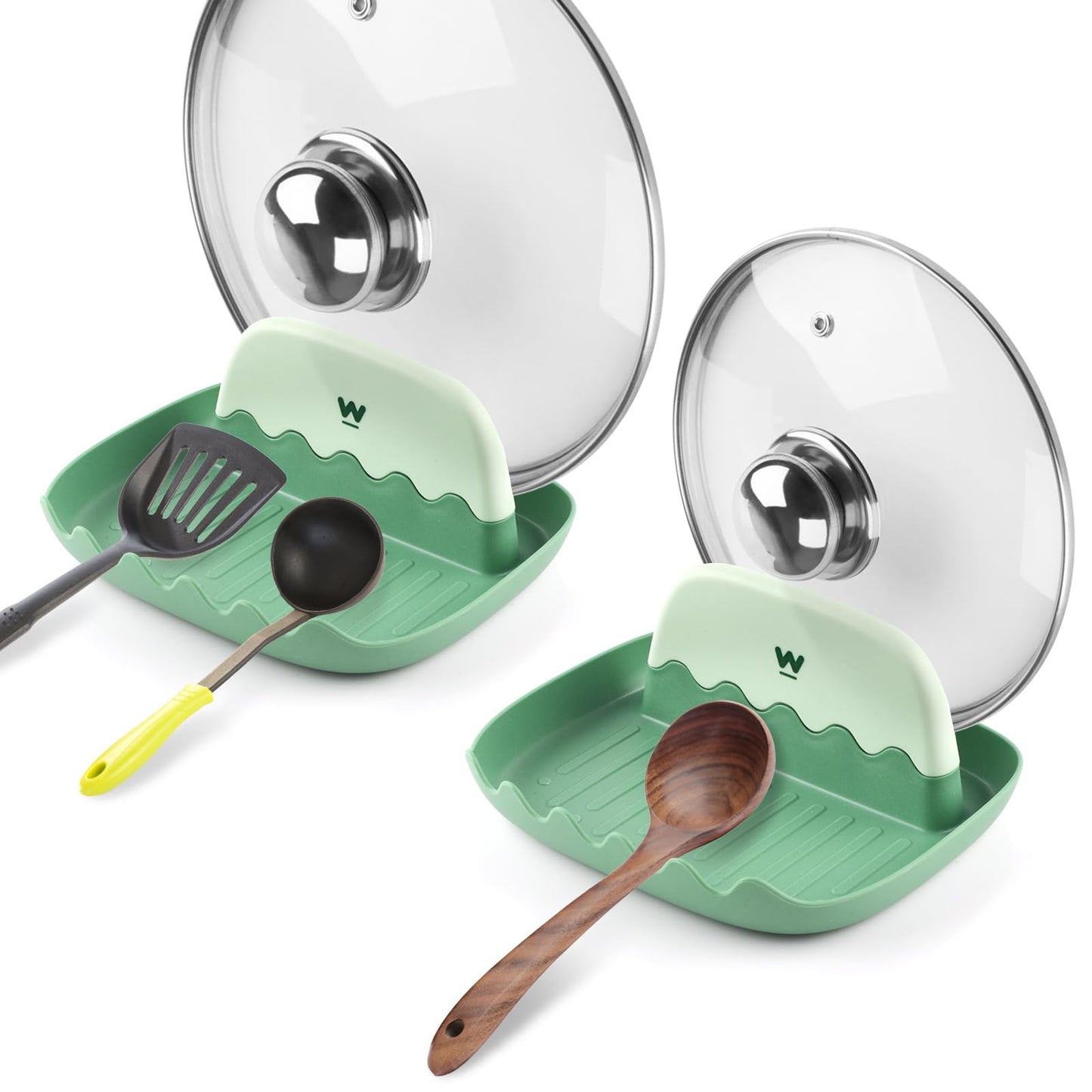 Spoon and Lid Rest - 2 Packs Spoon Rest with Lid Holder, Neat & Drip-Free Spoon Rest for Countertop Stove Top, Heat-Resistant Utensil Rest for Spoons, Pot Lids, Spatulas, Utensils, Forks (Green)