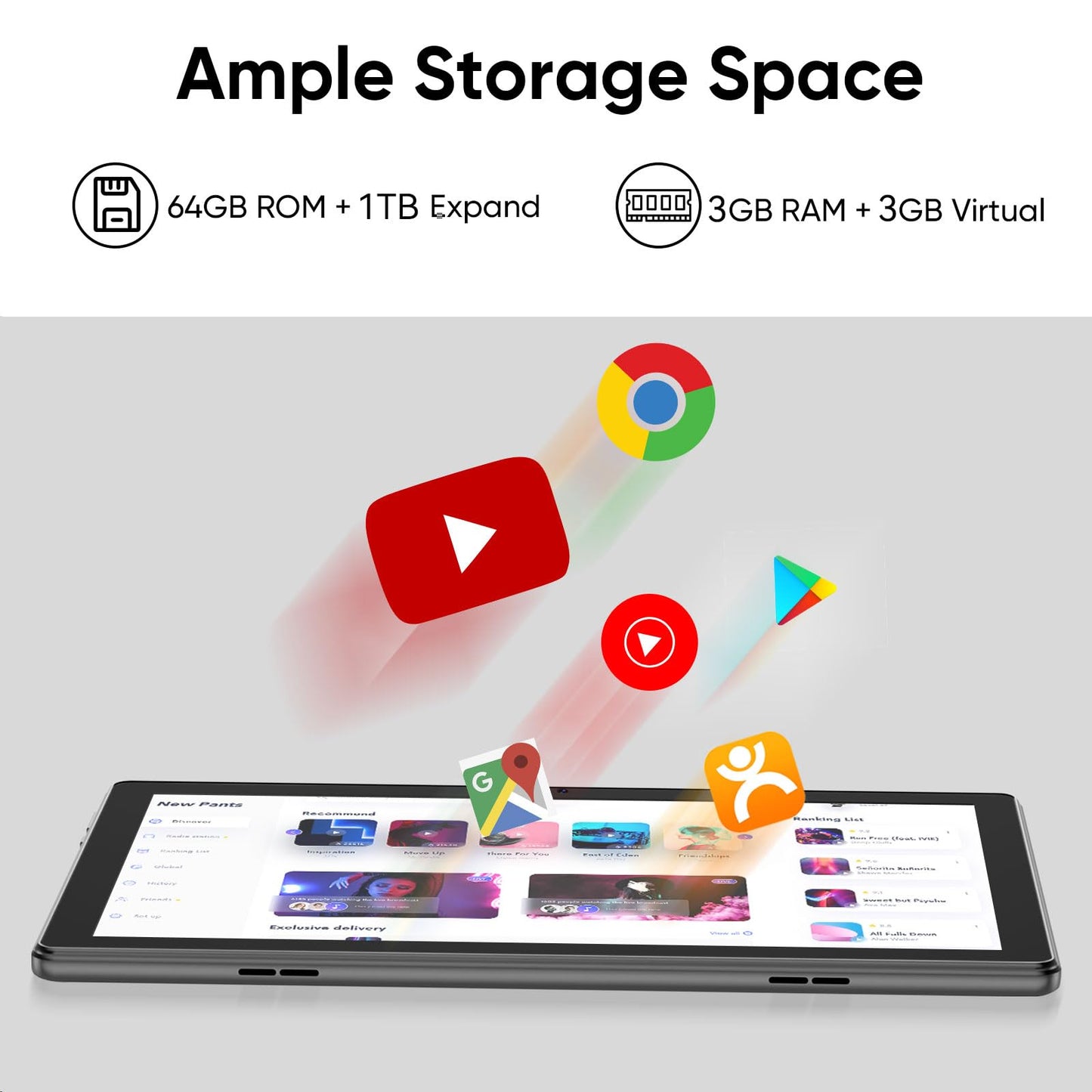 Tablet 10 Zoll Android 15, 3 GB RAM, 64 GB ROM (erweiterbar auf 1 TB), Quad-Core-Prozessor, 1280 x 800 LCD-Touchscreen, WiFi 5, Dual-Kamera, Bluetooth 5.0, 6000 mAh Akku (Schwarz)