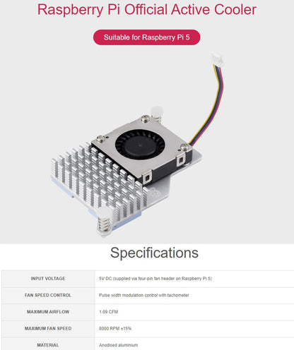 Official Active Cooler for Raspberry Pi 5, Combines an Aluminium Heatsink with a Temperature-Controlled Blower Fan to Accelerate Heat Dissipation