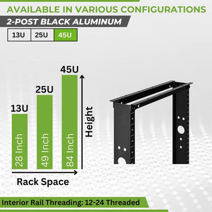 NavePoint 45U 2-Pfosten-Serverschrank mit offenem Rahmen für 19-Zoll-Geräte, AV-, Netzwerk-, Daten- und IT-Geräte, 2-Pfosten-Schrank, 45 HE, Tragfähigkeit 400 kg, Schwarz
