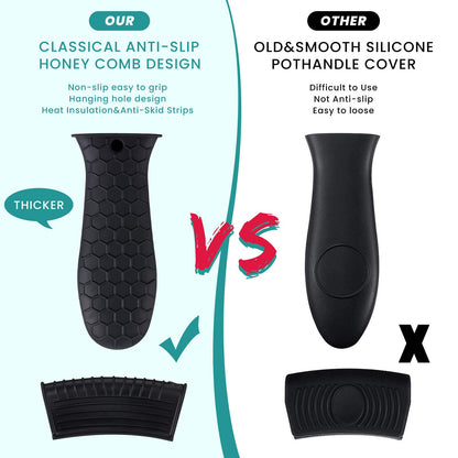 Patelai 8 Pcs Silicone Pot Holders Set Cast Iron Handle Cover Heat Resistant Pot Handle Covers Potholder Non Slip Reusable Pan Sleeve for Frying Pan Kitchen Supplies(Black)