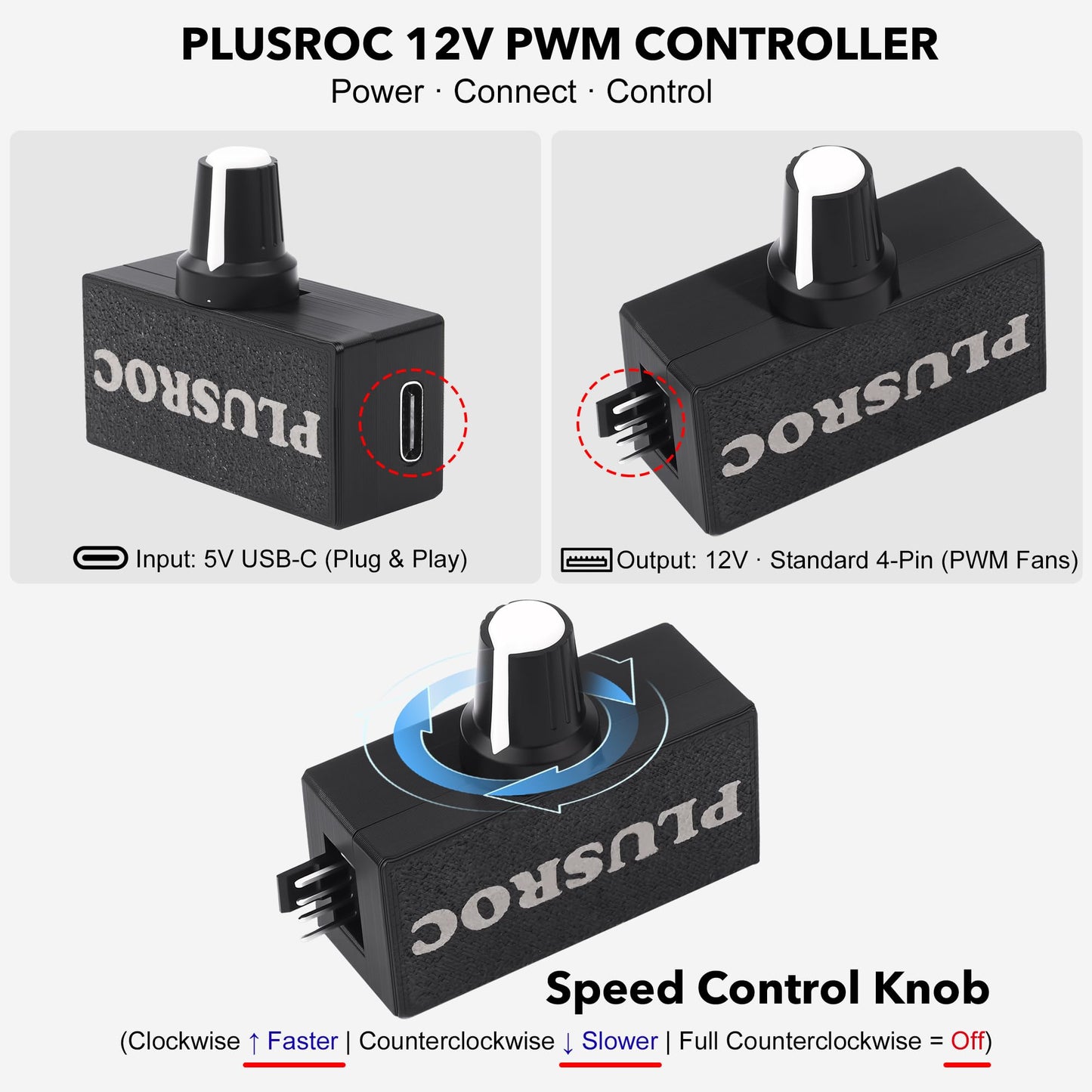 PlusRoc 12V PWM PC Fan Controller with USB Type-C Power Cable & 4-Pin 4-Way Fan Hub Splitter, DC 12V Fan Speed Controller, 8W Output(Lite)