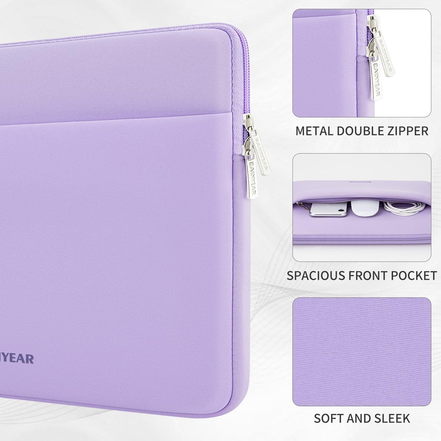 RAINYEAR Laptoptasche 13,3 Zoll, Schutzhülle mit Vordertasche, Aktentasche/Handtasche für MacBook Air/Pro 13-13,3 Zoll und MacBook Pro 14 Zoll, Lila