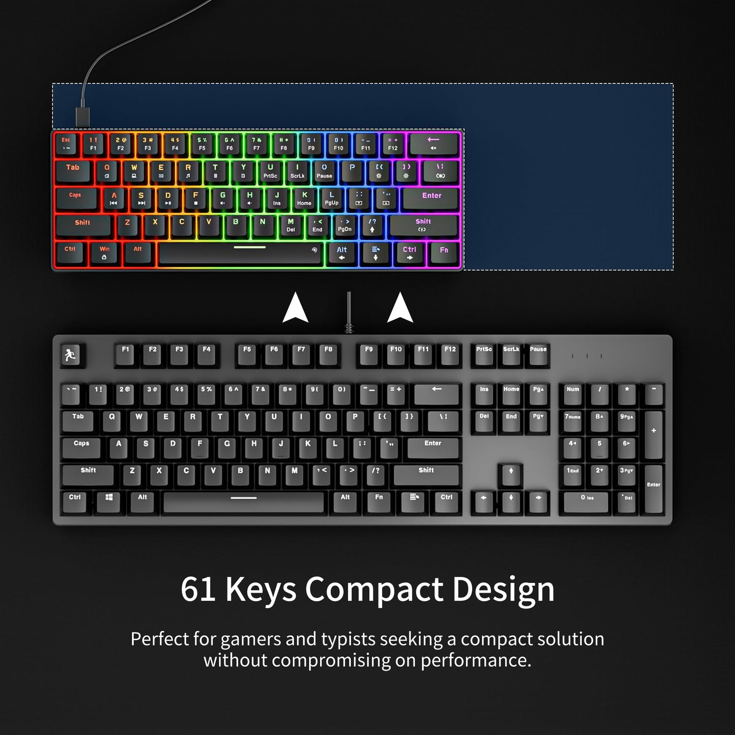 Newmen GM611 Mechanical Keyboard,Rainbow LED Backlit Gaming Wired Keyboards Compact Mini 61 Keys Portable 60 Percent Mechanical Keyboard with Black Keycaps,for Windows Laptop PC Linear Red Switches