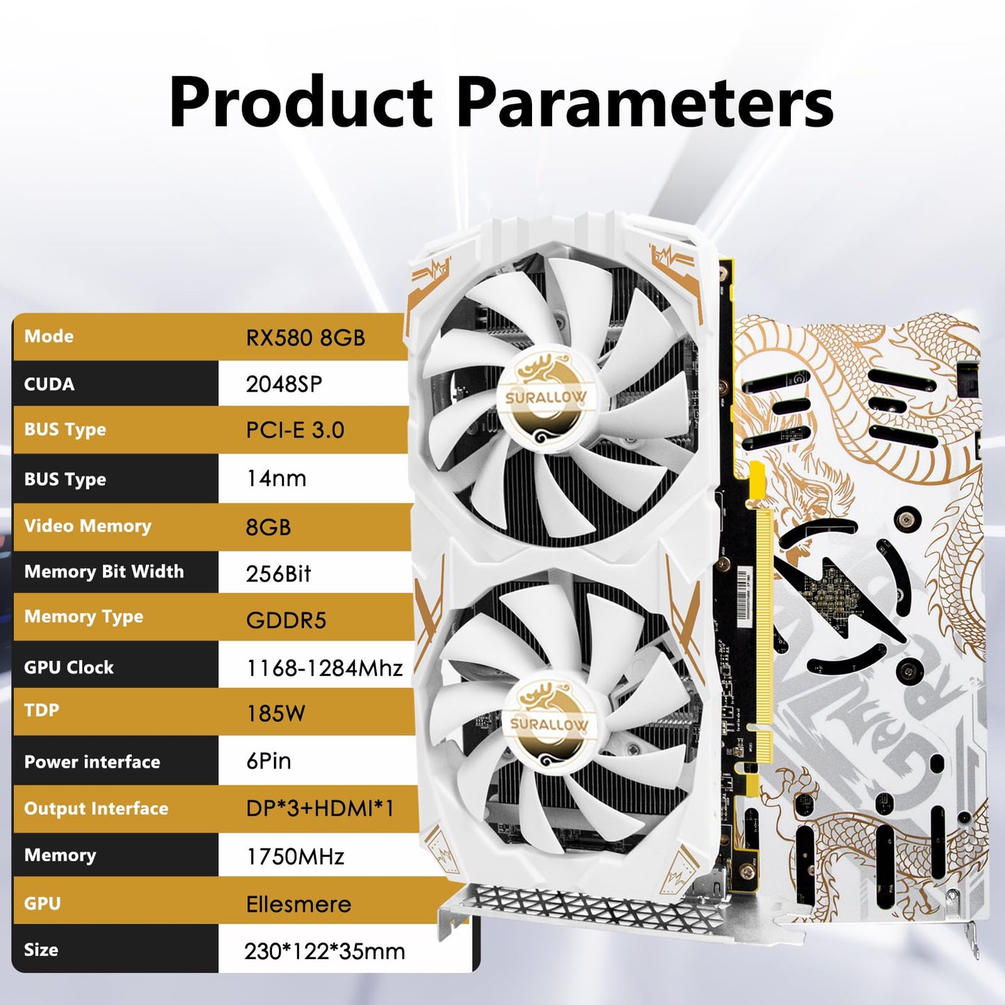 SURALLOW RX 580 8GB Graphics Card, 2048SP,GDDR5,256 Bit Graphics Card for Gaming PC,PCIE 3.0,Twin Freeze Fans Computer Video Card with HDMI/DP/Ports