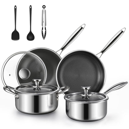 TalingMA Non Stick Pots and Pan Set, 10 Pcs Hybrid Stainless Steel Cookware Set with Lids, Kitchen Skillet, Stock Pot, Nonstick Frying Pan, PFOA-free Kitchen Cooking Utensils,Induction,Dishwasher Safe