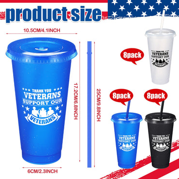 Skylety 24 Pcs Veterans Appreciation Gift 24 oz Support Our Veterans Day Gifts Plastic Coffee Cups with Straws and Lids Team Gift for Birthday Military Memorial Day