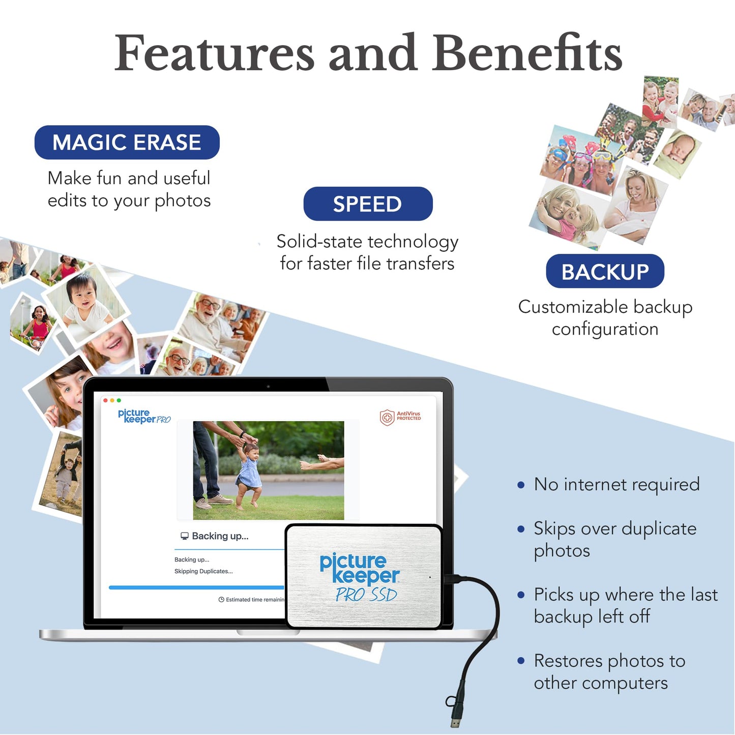 Picture Keeper PRO Portable Hard Drive 500GB - USB Hard Drive for PC & Mac Laptops & Computers, 1/2 Terabyte Portable External SSD Memory Storage for Photos, Videos & More - 500GB, Silver