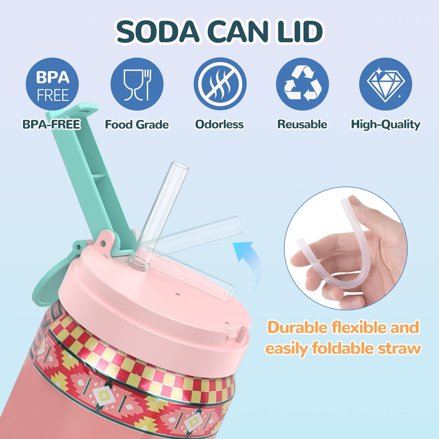 Soda Can Lids with Straw, 4-Pack Can Covers for Soda with Reusable BPA-Free, Spill-Proof & Airtight Seal, Easy to Use, Fits for S/M/L Sizes Cans for Soda, Beer, Juice, Seltzer