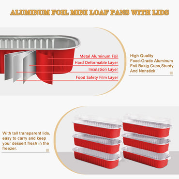 OBXMLFY Mini-Kuchenformen mit Deckel und Löffeln, 50er-Pack, 6,8 oz rechteckige Mini-Kastenformen, Einweg-Backförmchen aus Aluminiumfolie, Muffinformen - Rosa (50, rot)