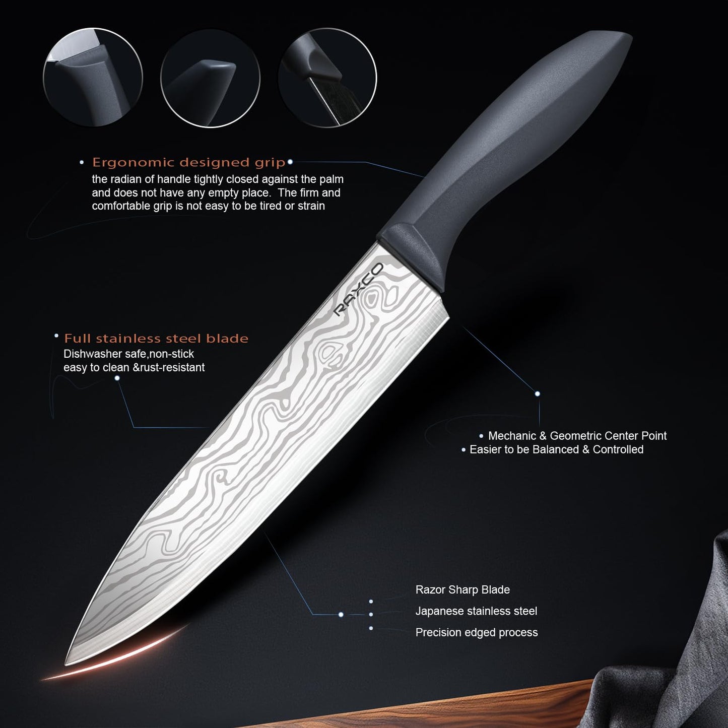 RAXCO Kochutensilien-Set, 18-teilig, Messer und Küchenhelfer mit Damastmuster, integrierte Aufbewahrung, Grau