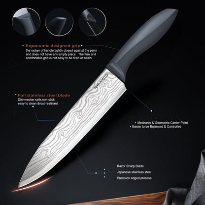 RAXCO Kochutensilien-Set, 18-teilig, Messer und Küchenhelfer mit Damastmuster, integrierte Aufbewahrung, Grau