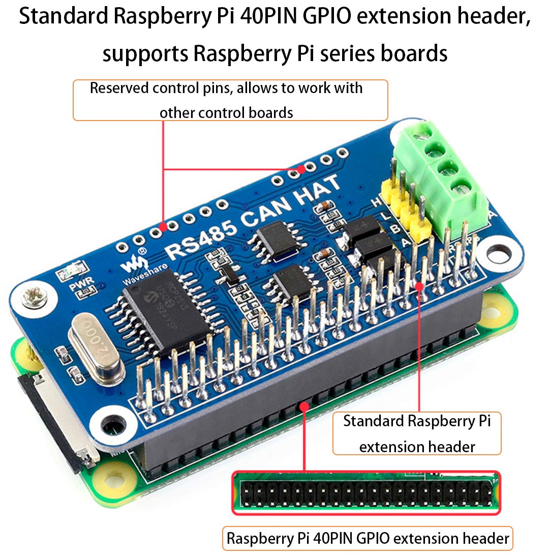 RS485 CAN HAT for Raspberry Pi 5/4B/3B+/3B/2B/B+/Zero/Zero W/WH/2W, Long-Distance Communication via RS485/CAN Function, Onboard CAN Controller MCP2515, SPI Interface Transceiver SIT65HVD230DR