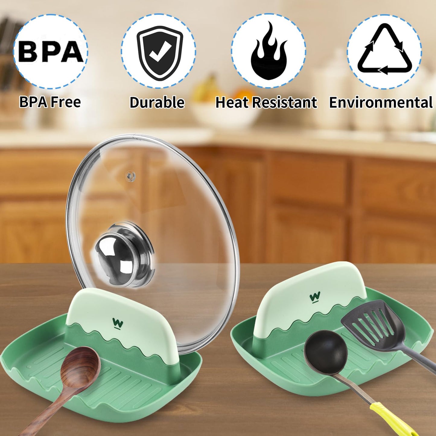 Spoon and Lid Rest - 2 Packs Spoon Rest with Lid Holder, Neat & Drip-Free Spoon Rest for Countertop Stove Top, Heat-Resistant Utensil Rest for Spoons, Pot Lids, Spatulas, Utensils, Forks (Green)