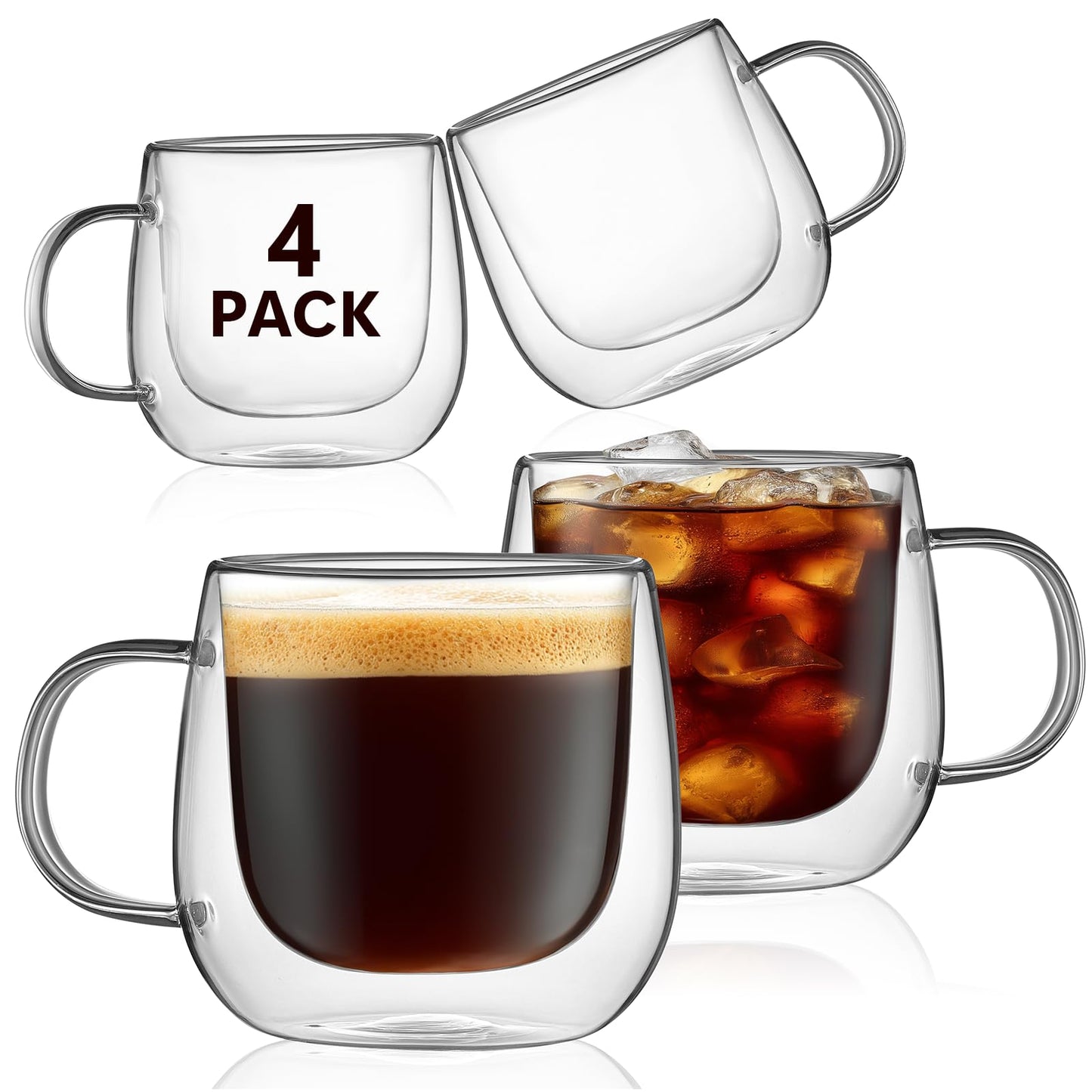 Pludyat 4 Pack Double Walled Glass Coffee Mugs, 16 oz Large Insulated Clear Coffee Cups with Handle, Cappuccino Mug for Espresso, Latte, Americano, Tea Bag, Beverage, Heat & Cold Resistant