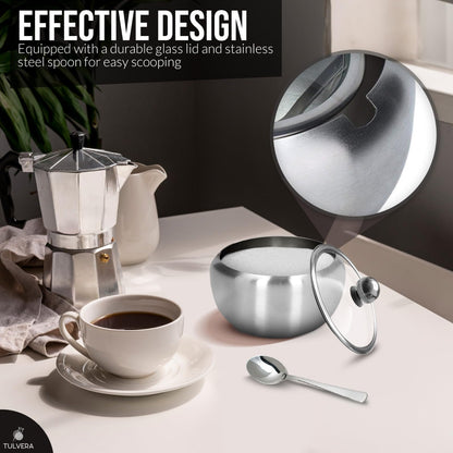Sugar Bowl with Lid and Spoon | 12oz Sugar Container for Coffee Bar | Stainless Steel Holder Jar for Salt, Tea, Candy, Sugar Cube, Brown Sugar, Ghee | Kitchen Countertop Storage Accessories | 350ml