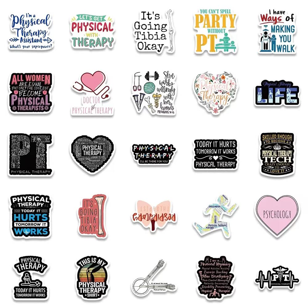 Physical Therapy Stickers |50Pcs PT Therapist Waterproof Vinyl Decals for Water Bottles Laptop Refrigerator Luggage Computer Mobile Phone Skateboard Décor