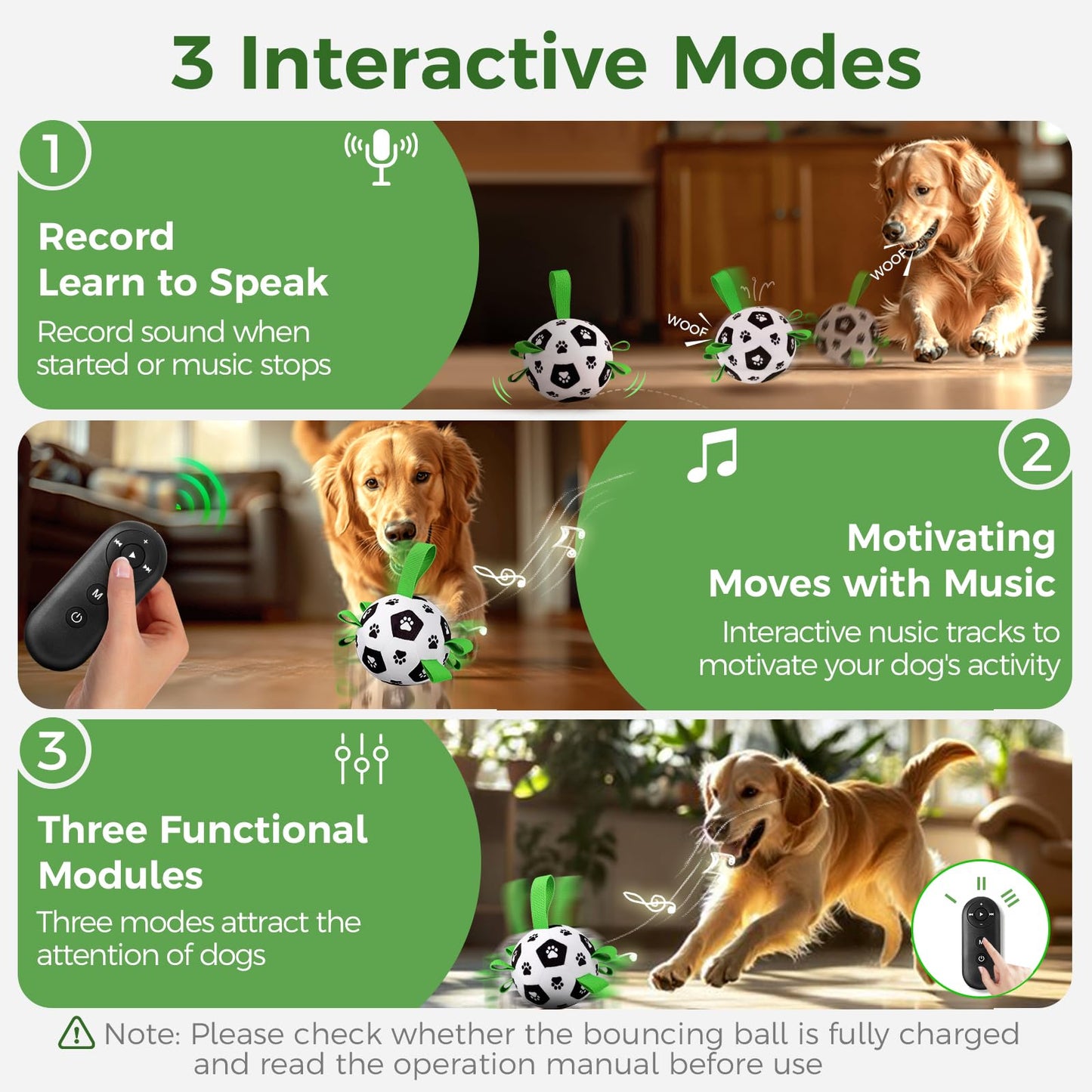 Interaktives Hundespielzeug von QDAN: Hüpfende und quietschende Hundespielzeuge, die Ihren Hund beschäftigen; Hundeball mit Musikaufnahmefunktion; beweglicher Hunde-Fußball mit Gurten; Fernbedienung; USB-aufladbar; Welpenspielzeug