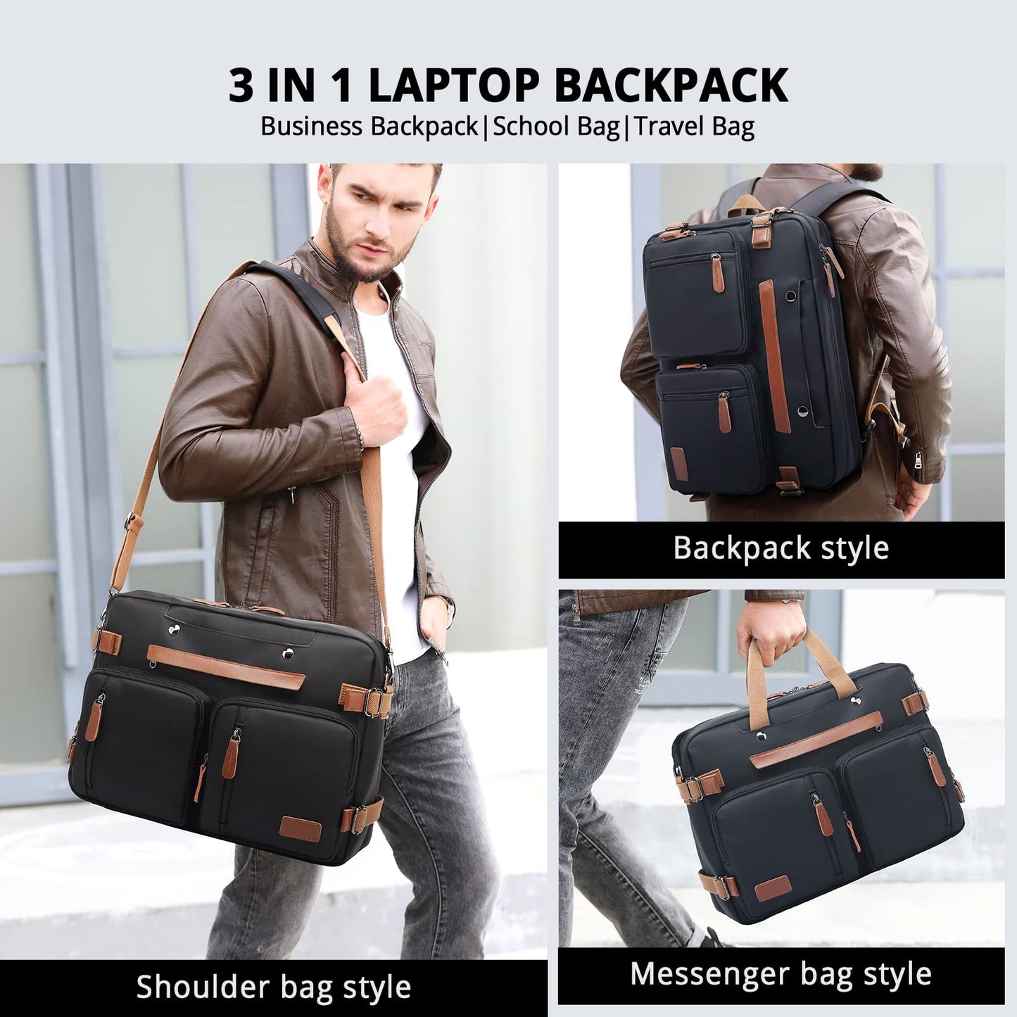 MOLNIA 3 in 1 Laptop Bag for Men, 17.3 Inch Work Bags for Men, Laptop Backpack, Briefcases, Messenger Bag, Computer Bags for Laptops for Men Women, Black
