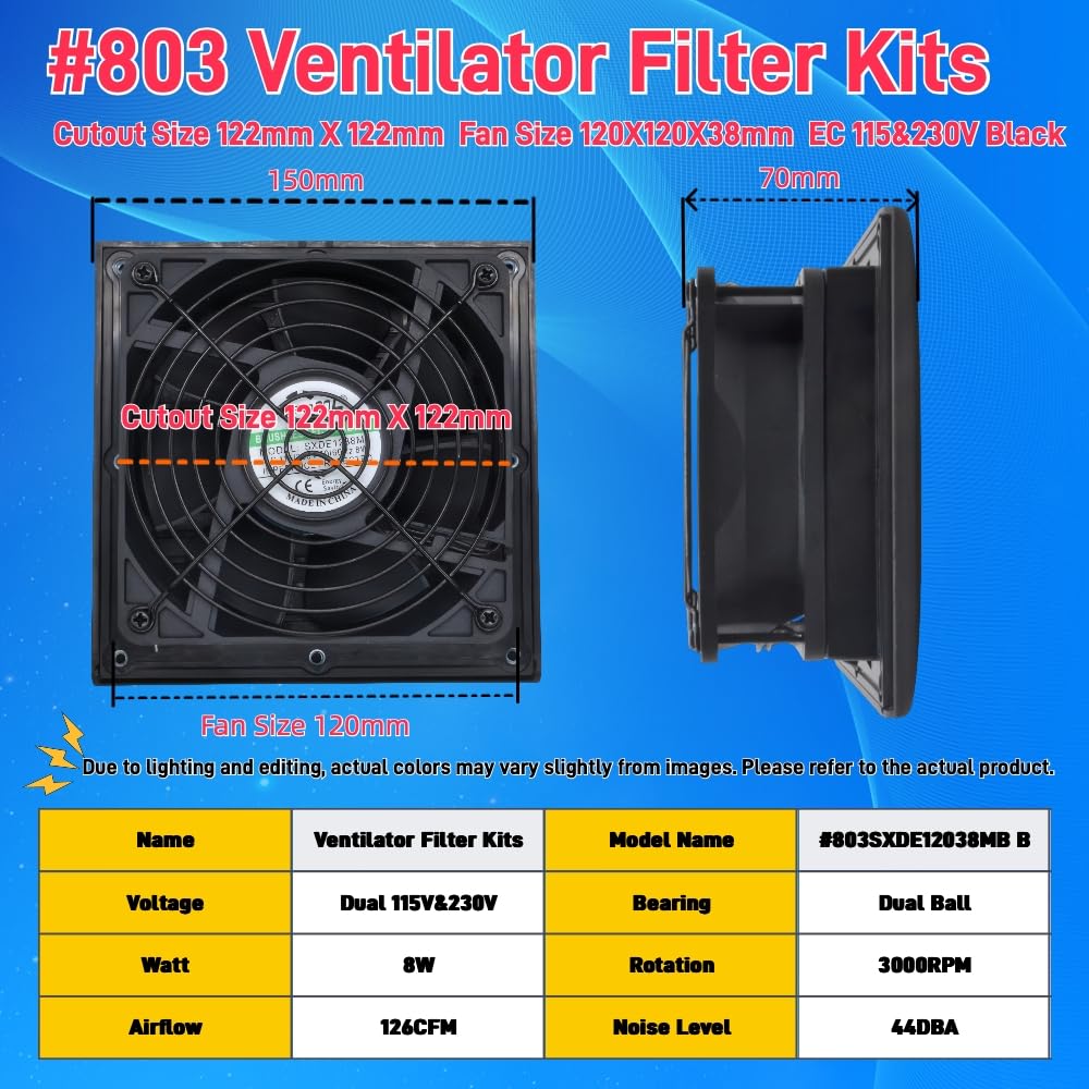 SXDOOL #803 Black 150x150mm Ventilator Filter Kit for Enclosure Cabinets, 120mm x 38mm AC/EC Fan, 115V/230V, Dustproof and Waterproof