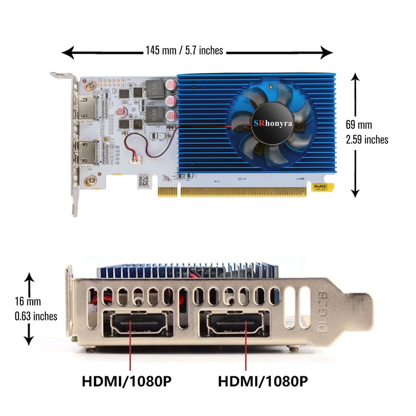 SRhonyra R5 230 Low Profile Graphics Card 2GB DDR3 Dual HDMI 1080P PCIe 2.0 x16 Bus Powered Support Splicing Mode 20 Watts SFF GPU