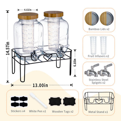 ShoreHao 2 Pack1Gallon Glass Drink Dispensers with Stand&Bamboo Lids&Fruit Infuser,304 Stainless Steel Leak-Proof Spigot,Beverage Dispenser for Parties,Water Sangria Juice Sun Tea Lemonade(Natural)