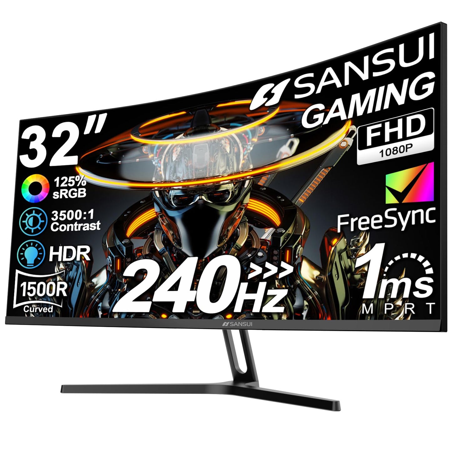 SANSUI 32 Zoll Curved 240Hz Gaming-Monitor mit hoher Bildwiederholfrequenz, FHD 1080P Gaming-PC-Monitor, HDMI DP1.4, Curved 1500R, 1Ms MPRT, HDR, Metallfuß, VESA-kompatibel (DP-Kabel inkl.)