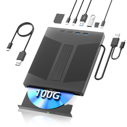 Taopjwr 100GB BDXL 7-in-1 Externes Blu-ray-Laufwerk, USB 3.0 &amp; Typ-C High-Speed ​​Blu-ray-Brenner &amp; SD/TF-Kartenleser, kompatibel mit PC, Mac, Linux, Laptop und Desktop