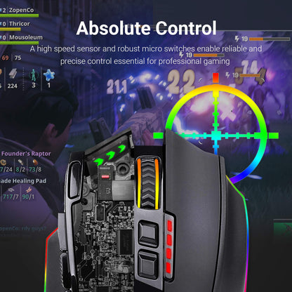 Redragon M801 Kabellose Gaming-Maus, RGB-Beleuchtung, 9 programmierbare Makro-Tasten, bis zu 16.000 DPI einstellbar, Schnellfeuertaste für Spiele, Windows, PC – Kabellos, Schwarz