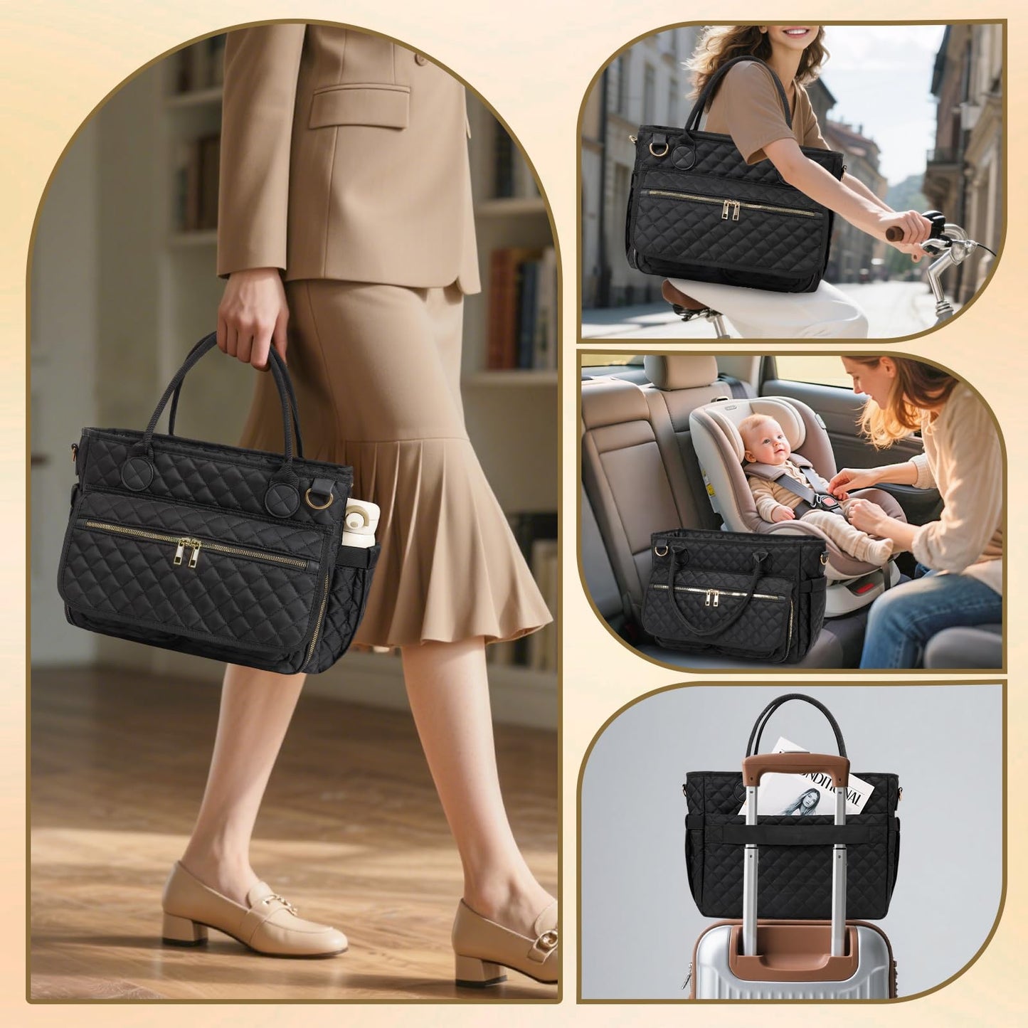 Große Lehrertasche (39,6 cm), geräumige Arbeitstasche mit Laptopfach, gesteppte Umhängetasche mit Schultergurt für Büro, Reisen, Schule und Pflegebedarf, Schwarz