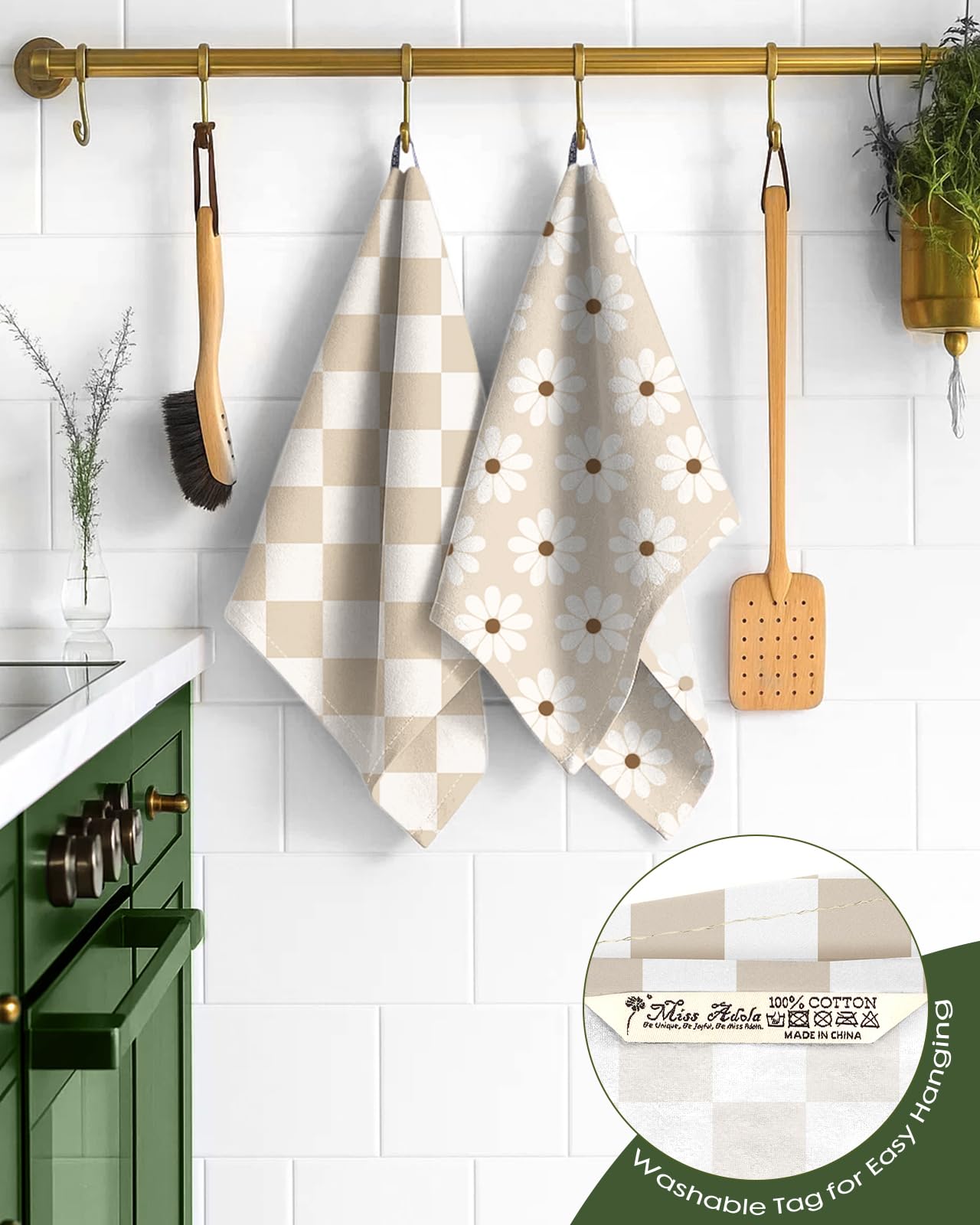 Miss Adola 2 Pack Flour Sack Kitchen Towels - 16x26 Inch Cotton Dish Towels with Hanging Loop Reusable Geometric Boho Modern Retro Tea Towel Absorbent Dishcloths Home Decor, Beige Checkered Flower